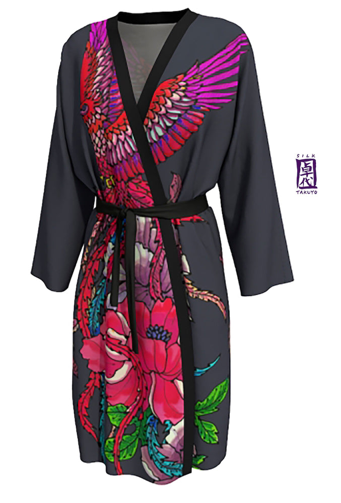 Phoenix Textile Robe Red Phoenix Gray Long Kimono Robe – Silk Takuyo