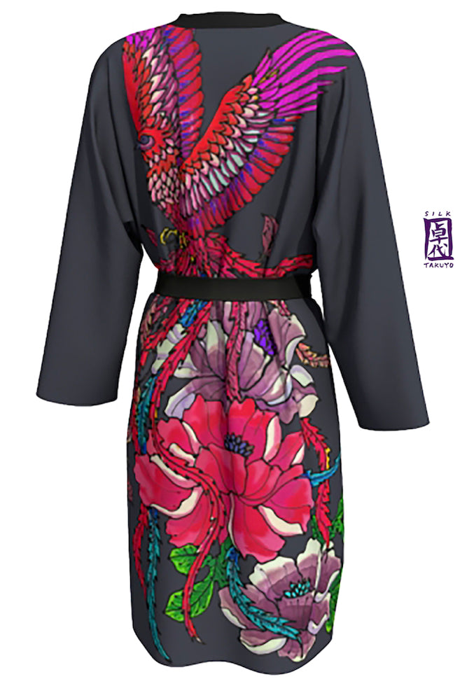 Phoenix Textile Robe Red Phoenix Gray Long Kimono Robe – Silk Takuyo