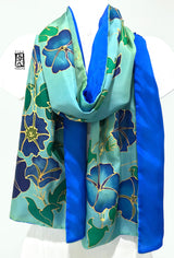 Reversible Silk Scarf, Blue and Green Morning Glory Vines