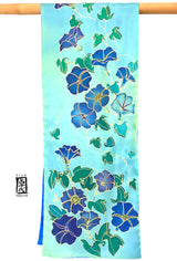 Reversible Silk Scarf, Blue and Green Morning Glory Vines
