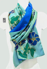 Reversible Silk Scarf, Blue and Green Morning Glory Vines