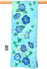 Reversible Silk Scarf, Blue and Green Morning Glory Vines