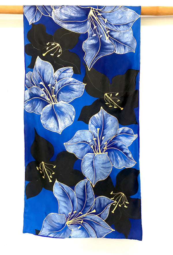 Reversible Silk Shawl, Blue and Gold Kimono Lily
