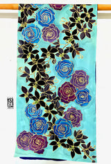 Reversible Silk shawl wrap, Winter Blue Rose and Orchid