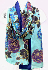 Reversible Silk shawl wrap, Winter Blue Rose and Orchid