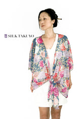 Sheer Floral Kimono Cardigan, Blue Gray Kyoto Roses