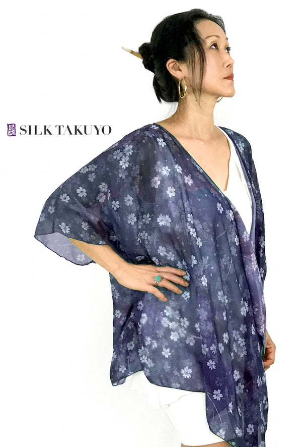 Sheer Kimono Cardigan Blue, Night Cherry Blossom