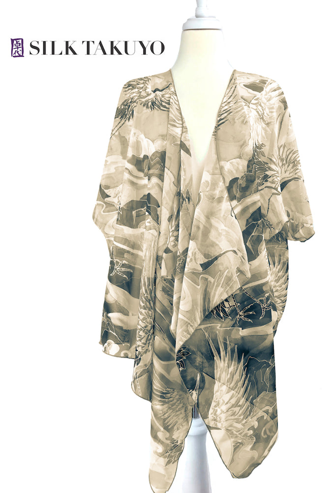 Sheer Kimono Cardigan Sepia Cranes Ocean