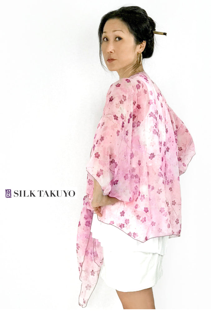 Sheer Kimono Top, Pink Sakura Cherry Blossom