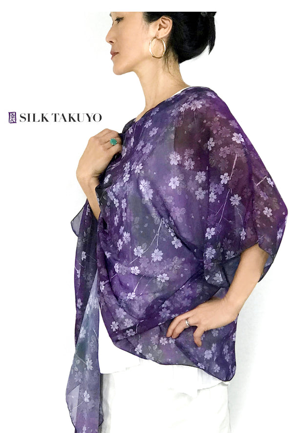 Sheer Kimono Top, Purple Night Sakura Cherry Blossom