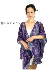 Sheer Kimono Top, Purple Night Sakura Cherry Blossom