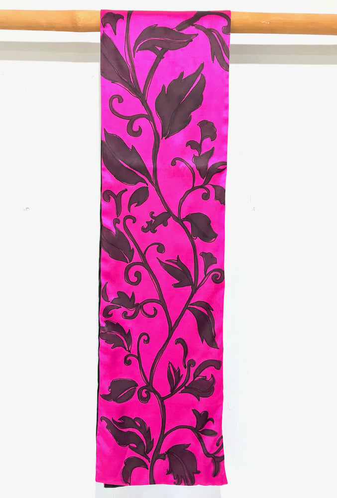 Silk Charmeuse Scarf, Karakusa Vines, Reversible Pink and Black