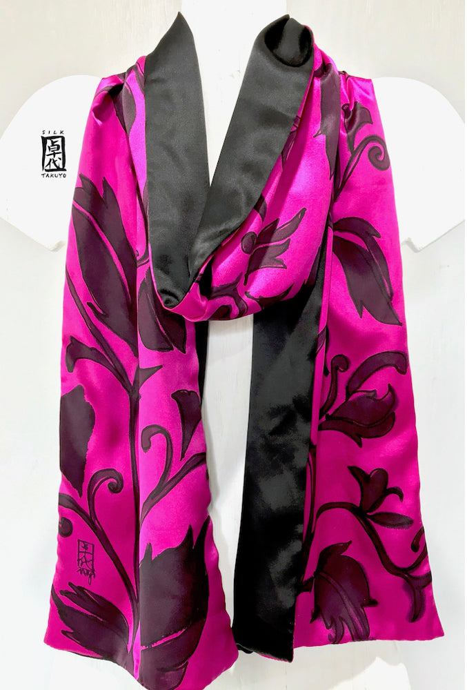 Silk Charmeuse Scarf, Karakusa Vines, Reversible Pink and Black