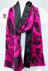 Silk Charmeuse Scarf, Karakusa Vines, Reversible Pink and Black