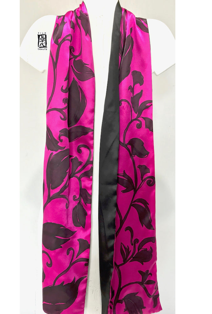 Silk Charmeuse Scarf, Karakusa Vines, Reversible Pink and Black