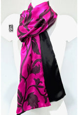 Silk Charmeuse Scarf, Karakusa Vines, Reversible Pink and Black