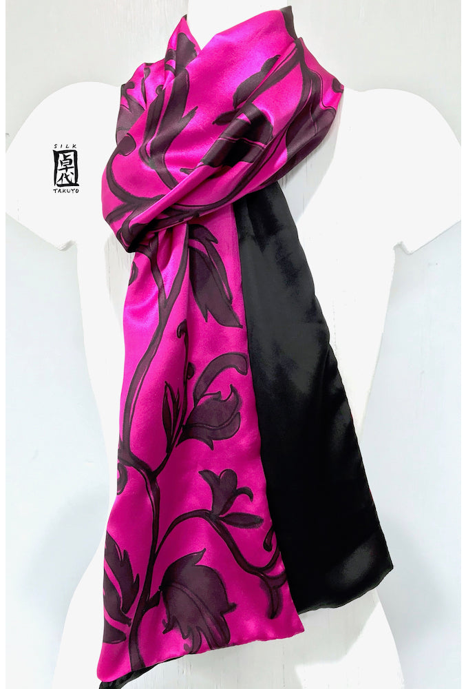 Silk Charmeuse Scarf, Karakusa Vines, Reversible Pink and Black