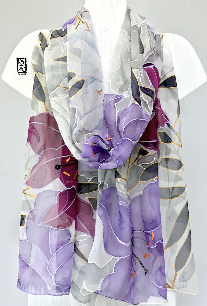Silk Chiffon Shawl Gray, Purple Lilies