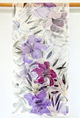 Silk Chiffon Shawl Gray, Purple Lilies