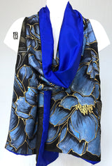Silk Shawl Blue, Black Kimono Peony, Reversible