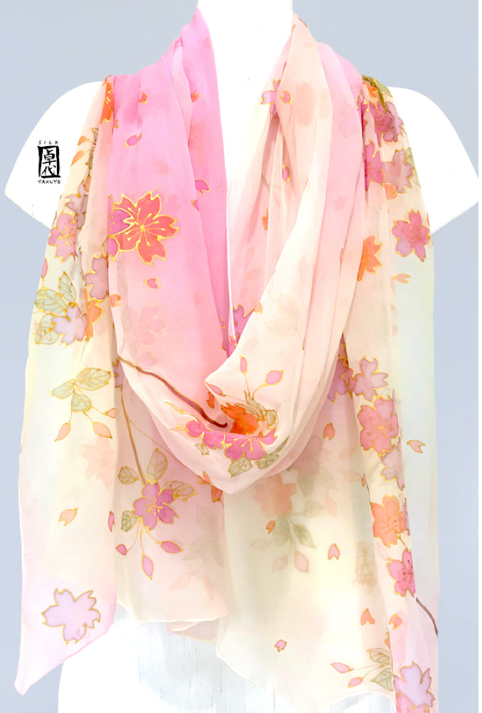 Silk Shawl, Spring Cherry Blossoms in Pastel Pink