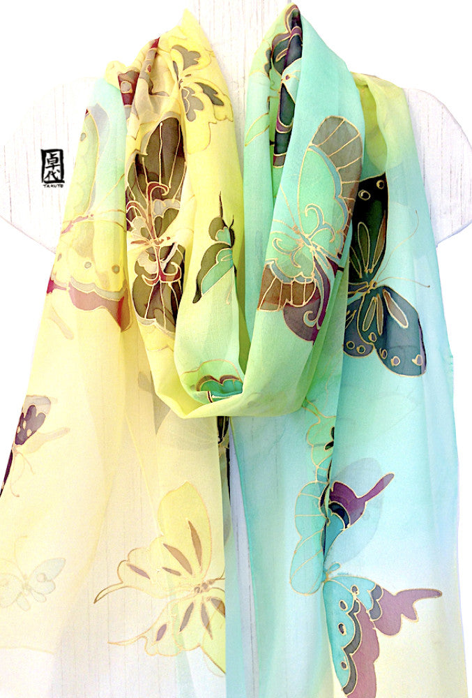Silk Shawl Mint, Yellow Kimono Butterfly
