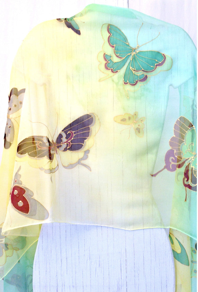 Silk Shawl Mint, Yellow Kimono Butterfly