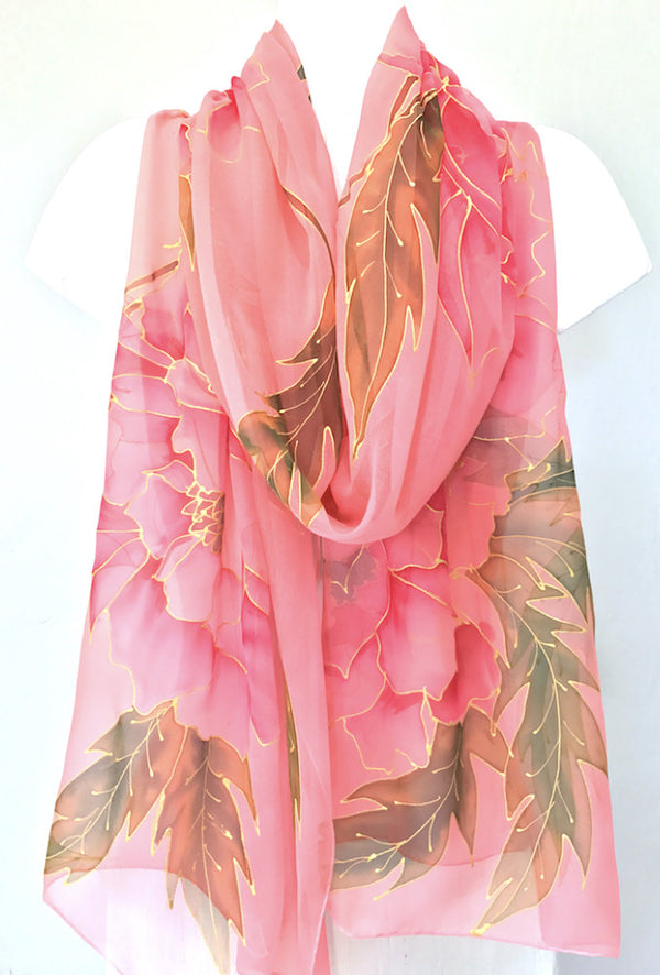 Silk Shawl Wrap, Coral Pink Peony