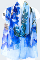 Silk Shawl Wrap, Kimono Peony in Blue