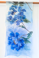 Silk Shawl Wrap, Kimono Peony in Blue