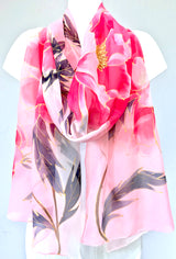 Silk Shawl Wrap, Kimono Peony in Pink and Gray
