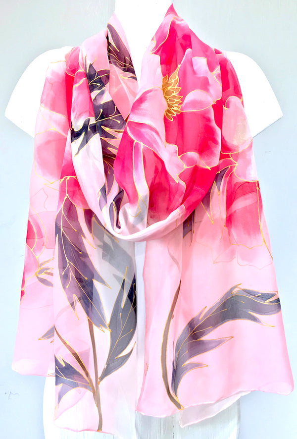 Silk Shawl Wrap, Kimono Peony in Pink and Gray