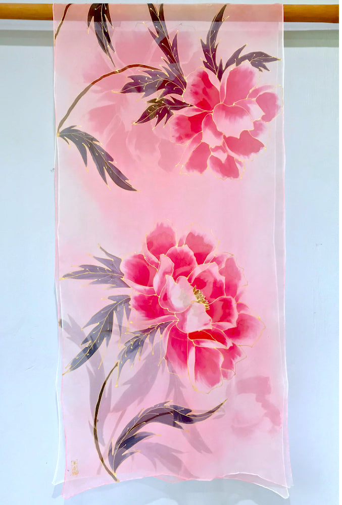 Silk Shawl Wrap, Kimono Peony in Pink and Gray