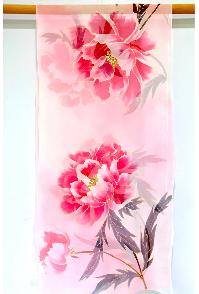Silk Shawl Wrap, Kimono Peony in Pink and Gray