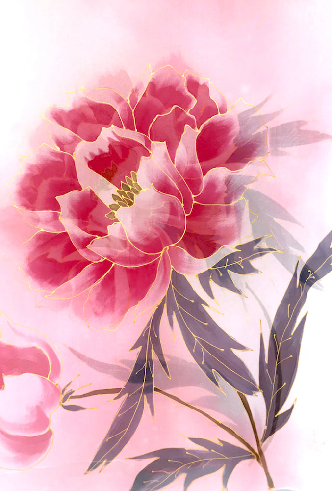 Silk Shawl Wrap, Kimono Peony in Pink and Gray