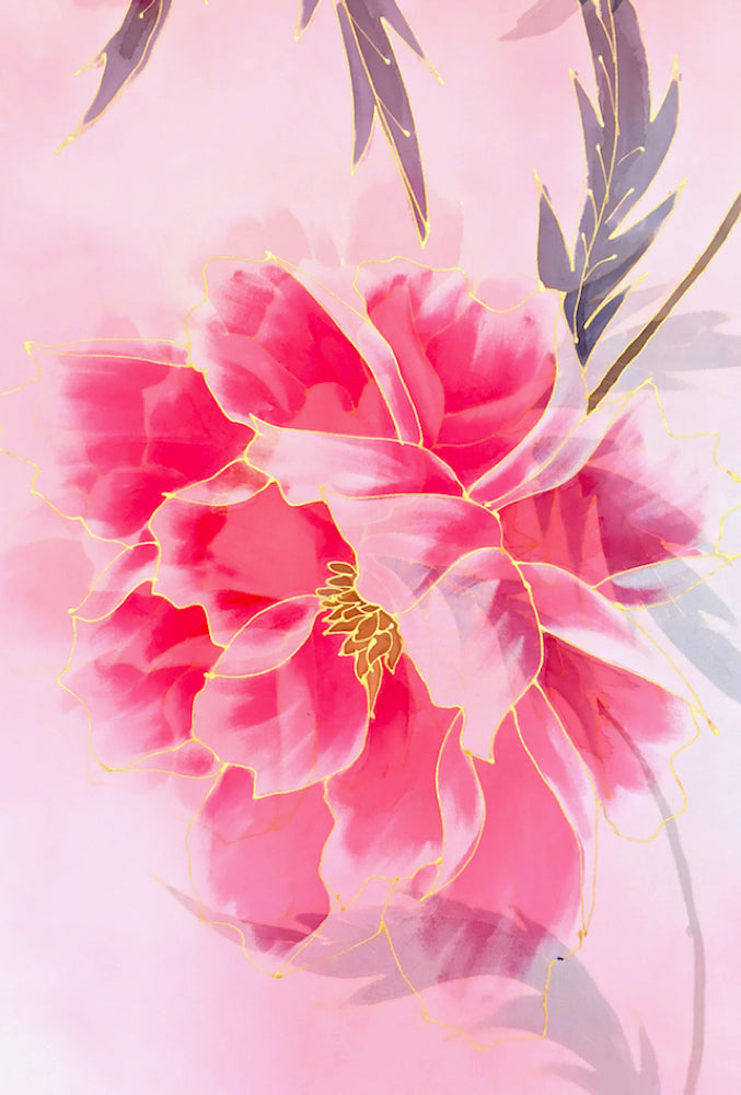 Silk Shawl Wrap, Kimono Peony in Pink and Gray