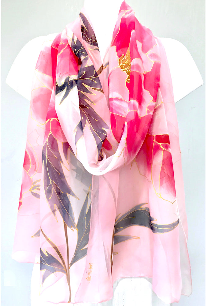 Silk Shawl Wrap, Kimono Peony in Pink and Gray