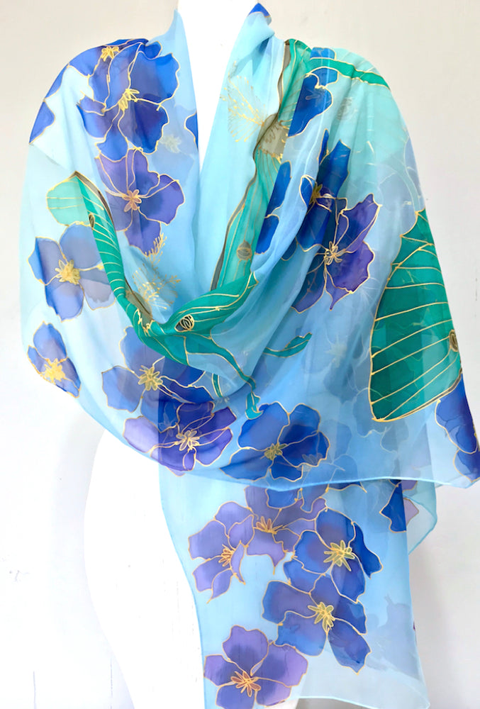 Silk Shawl Wrap, Luna Moth and Blue Evening Primrose