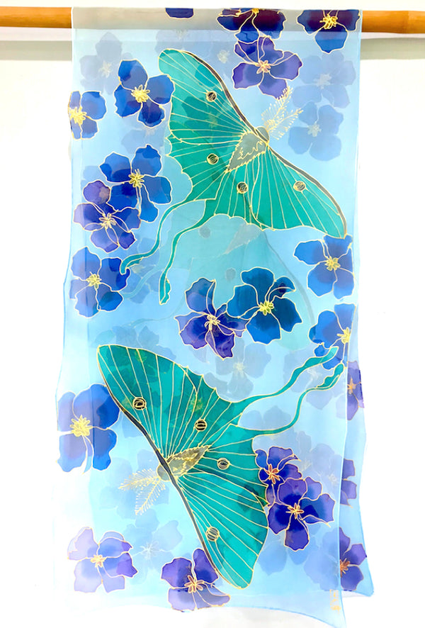 Silk Shawl Wrap, Luna Moth and Blue Evening Primrose