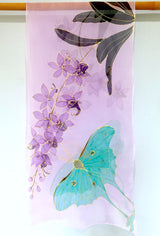 Silk Shawl Wrap, Purple Orchid and Luna Moth