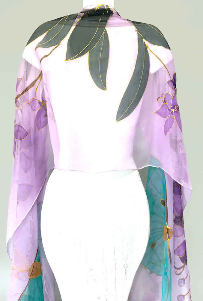 Silk Shawl Wrap, Purple Orchid and Luna Moth