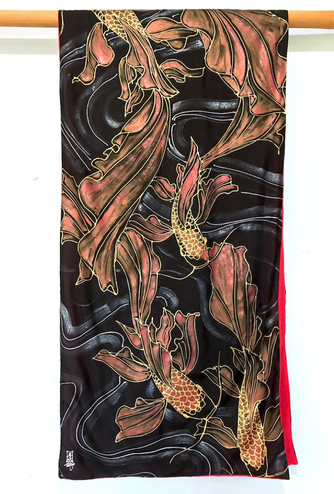 Silk Shawl Wrap, Red Koi Reversible