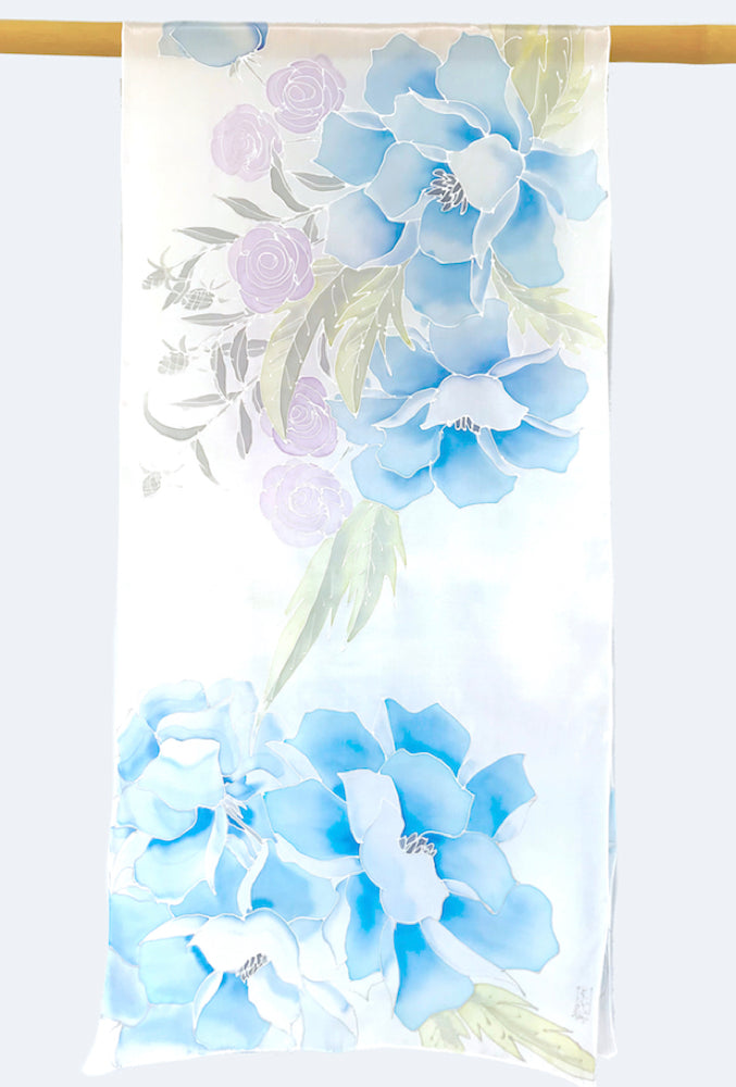 White Silk Shawl Wrap, Silver Kimono Peony in Blue