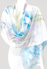 White Silk Shawl Wrap, Silver Kimono Peony in Blue